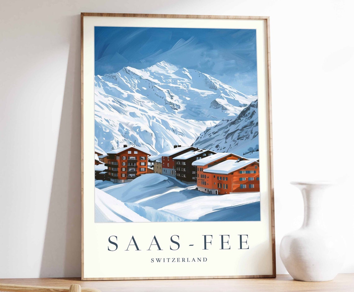 Saas Fee Switzerland Alpine Ski Village Peak Vintage Travel Poster