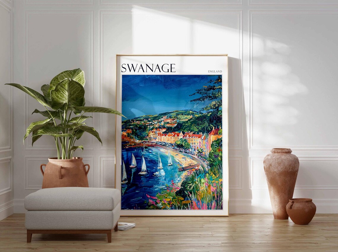 Swanage England Sailboat Harbor Bay Colorful Painting Travel Poster - Image 2
