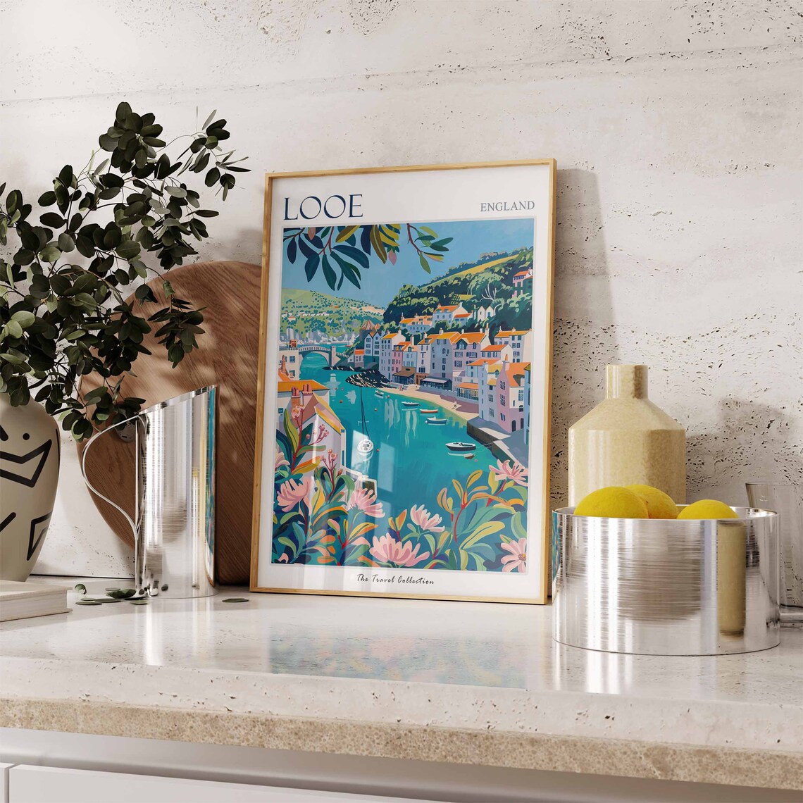 Looe England Fishing Harbour Boats Floral Foreground Cornish Coast Travel Poster - Image 3