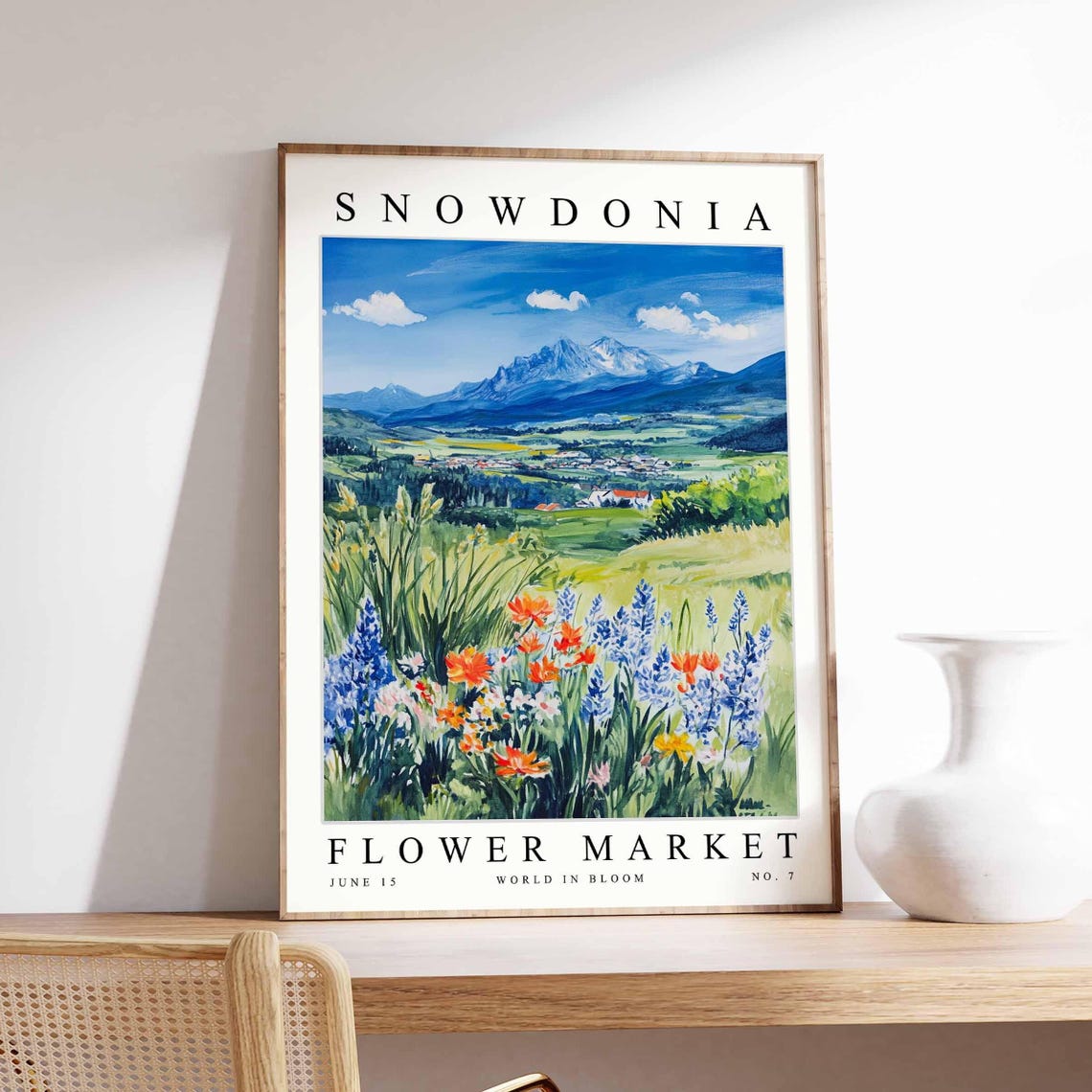 Snowdonia Flower Market Valley Village Blue Spike Meadow Peak Poster