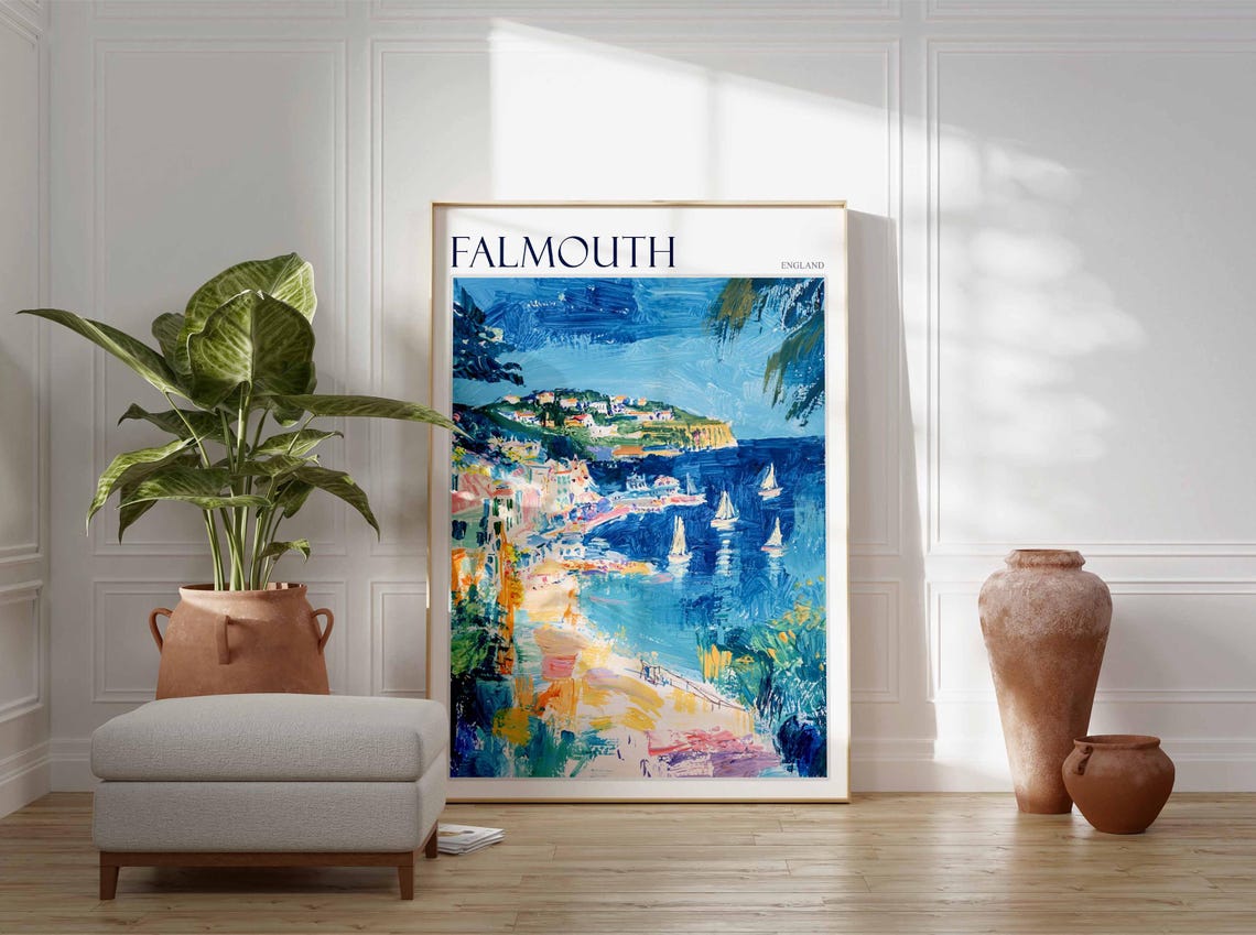 Falmouth England Blue Harbor Sailboats Impressionist Art Poster - Image 3