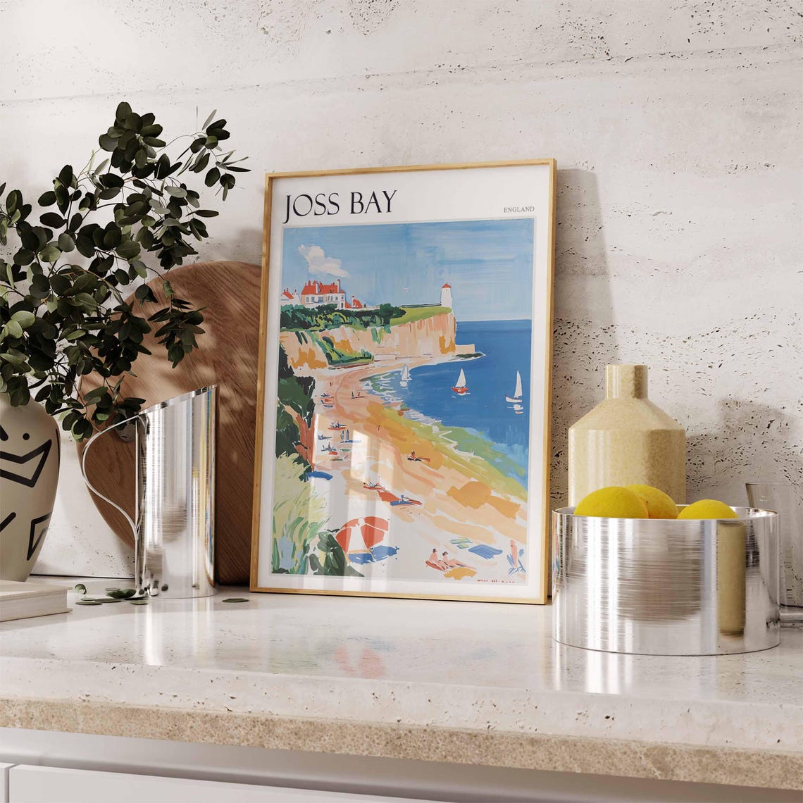 Joss Bay England White Cliffs Lighthouse Beach Umbrellas Poster - Image 2