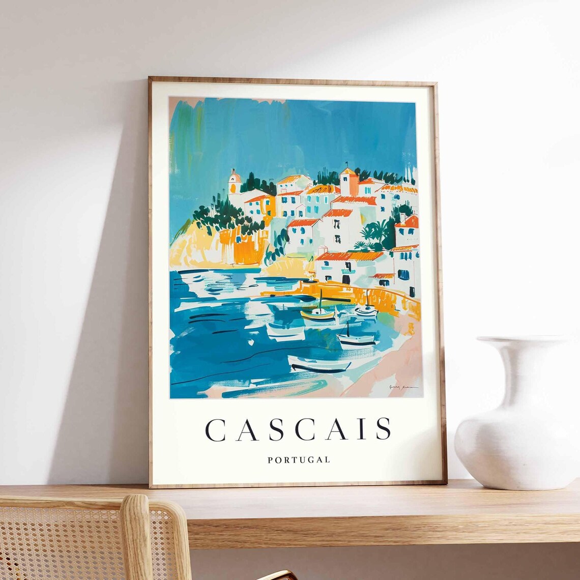 Cascais Portugal Cliffside Harbor Boats Painted Seaside Poster