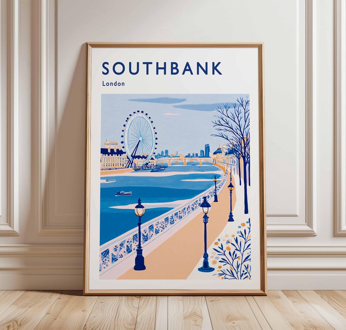 Southbank London Blue London Eye Thames Riverside Illustration Poster