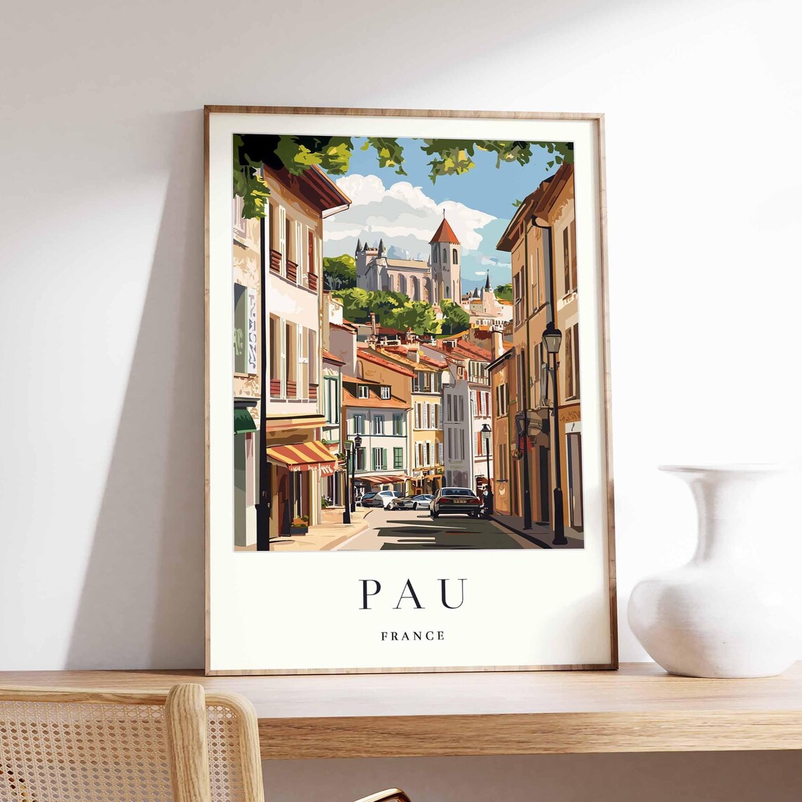 Pau France Old Town Street View Chateau On Hill Travel Poster