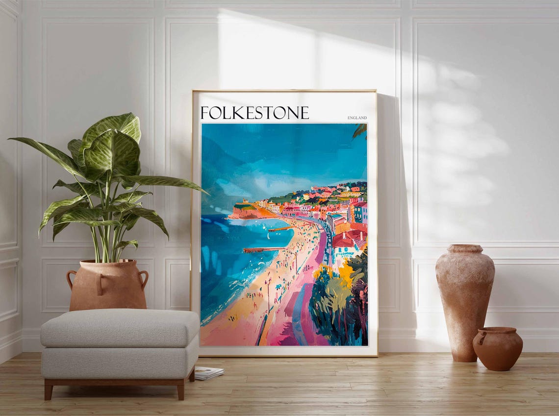 Folkestone Aerial Beach Harbor Arm Colorful Coastal Town Summer Poster - Image 3