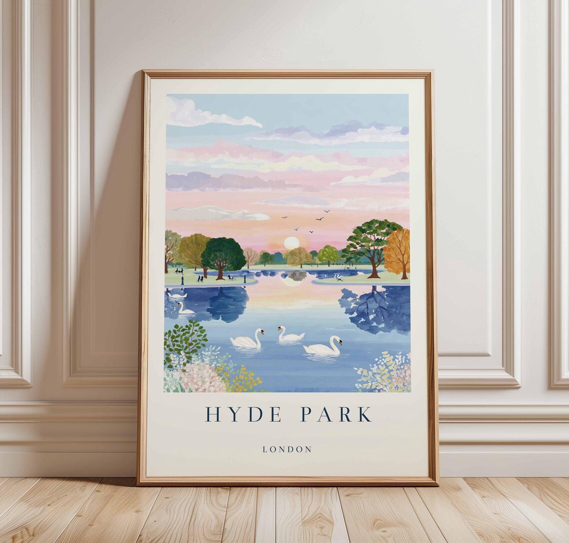 Hyde Park London Swan Lake Pink Sunset Illustrative Travel Poster