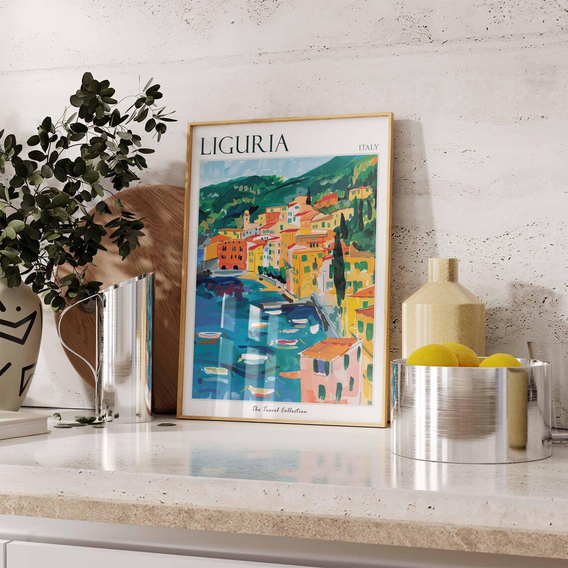 Liguria Italy White Boats Harbor Town Green Hills Travel Poster - Image 2