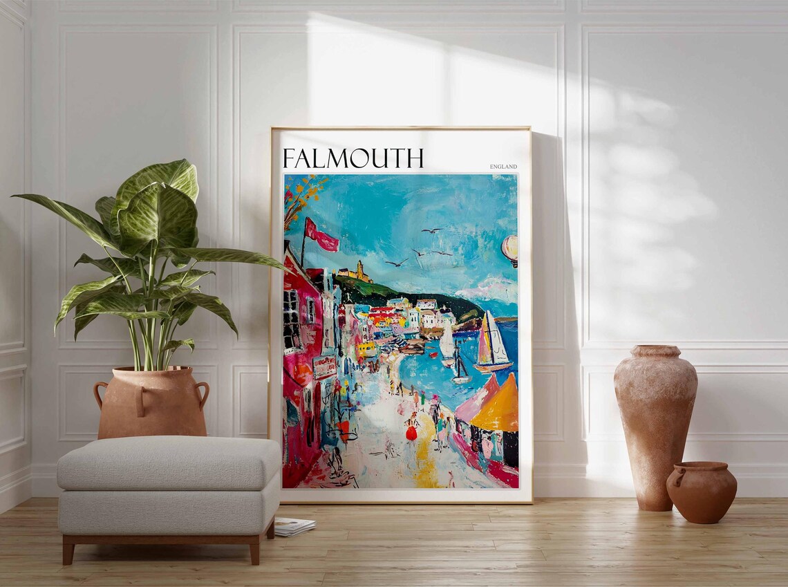 Falmouth England Harbor Street Sailboats Pink Houses Expressionist Poster - Image 3