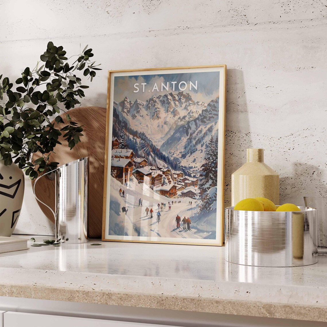 St. Anton Austria Watercolor Skiers Crossing Snowy Valley Poster - Image 2