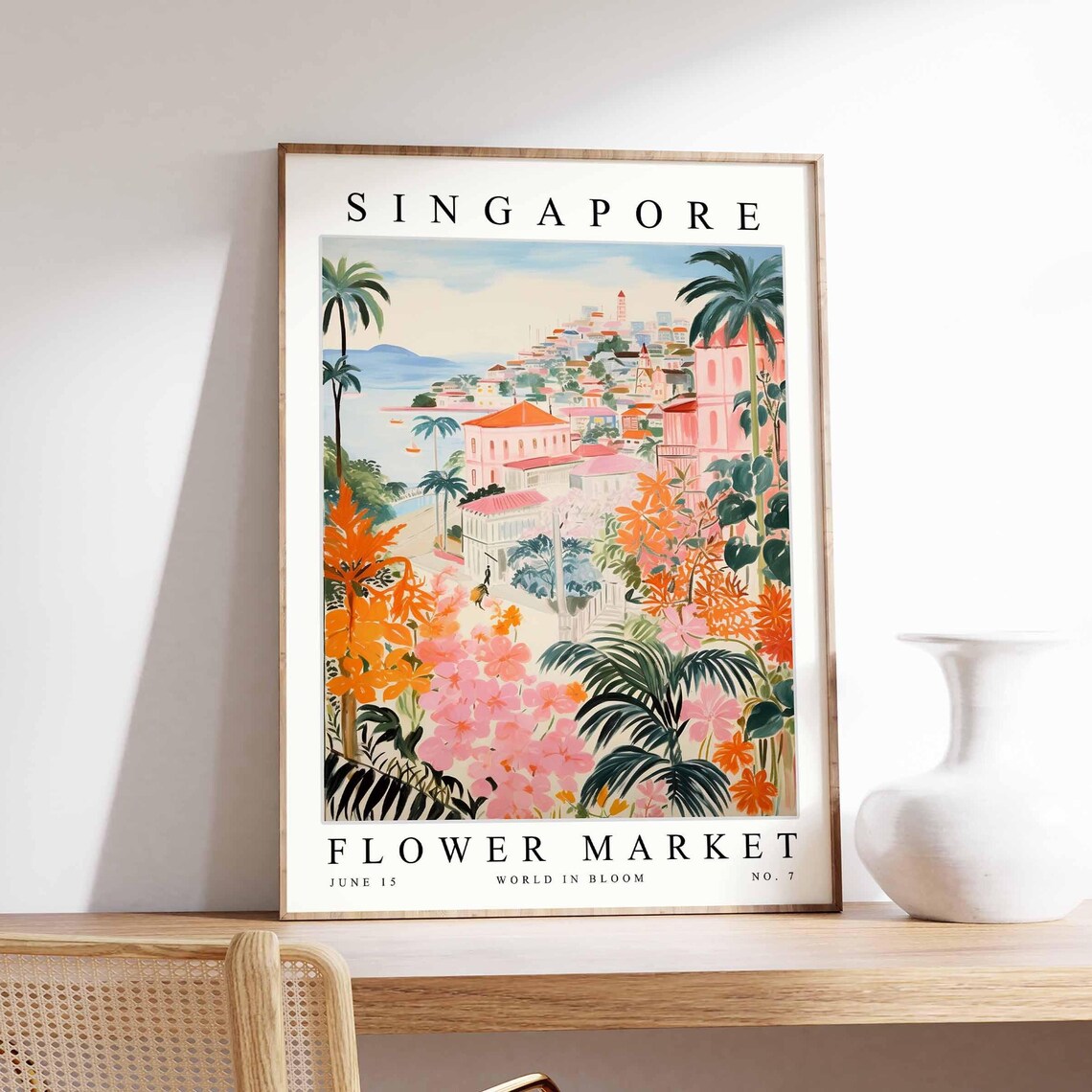 Singapore Flower Market Hillside Town Palms Orange Bloom Poster
