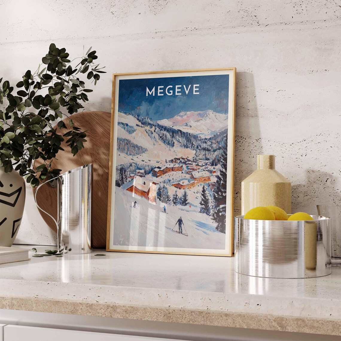 Megeve France Dusk Skiers Alpine Resort Village Evening Scene Poster - Image 2