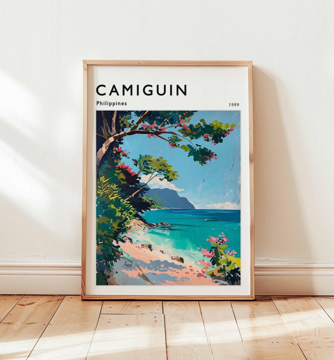 Camiguin Philippines 1989 Tropical Beach Scene Vintage Travel Poster