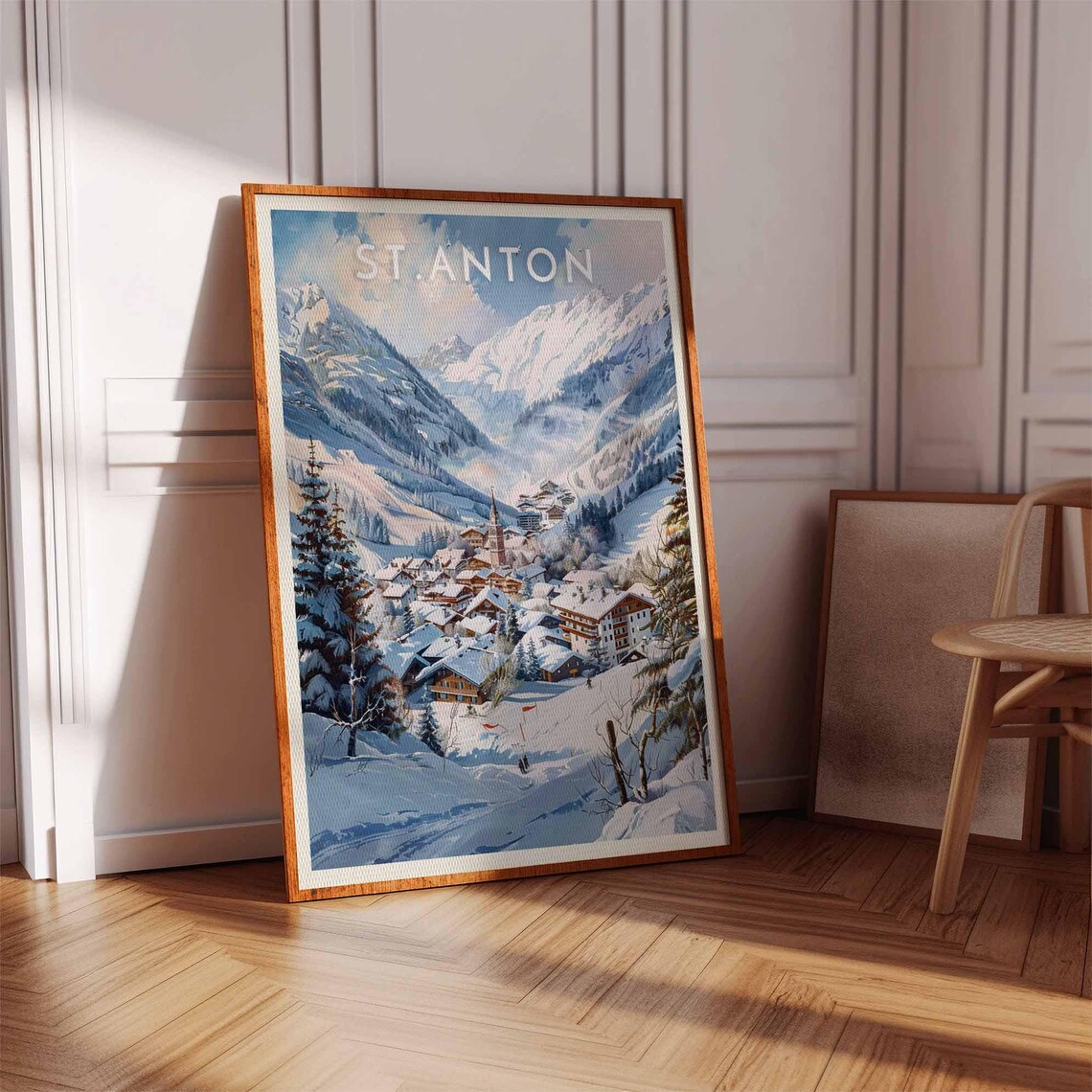 St. Anton Austria Blue Watercolor Village and Spire Snowy Poster - Image 3