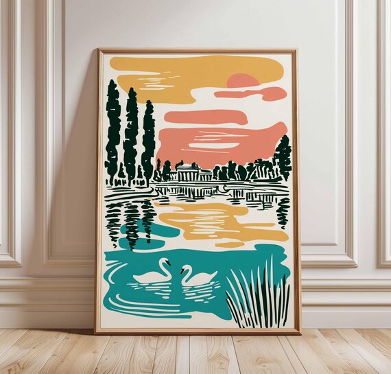 Swan Lake Sunset Linocut Style Illustration Nature Travel Poster