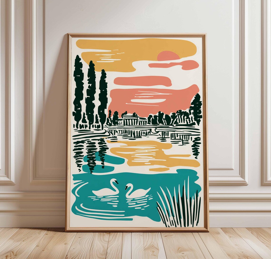 Swan Lake Sunset Linocut Style Illustration Nature Travel Poster