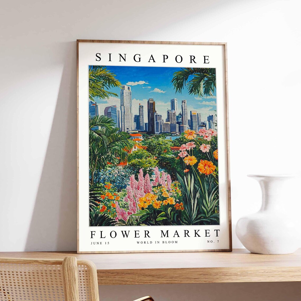 Singapore Flower Market City Skyline Palm Trees Pink Bloom Poster