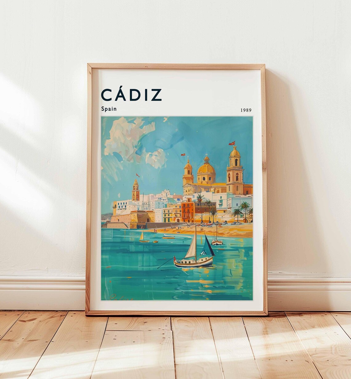 Cadiz Spain 1989 Vintage Poster with Sailboat and Golden Cathedral