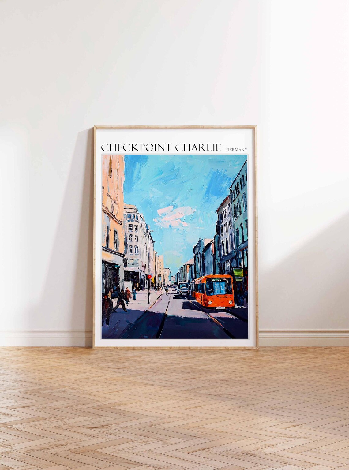 Checkpoint Charlie Berlin Orange Bus City Street Oil Painting Poster - Image 3