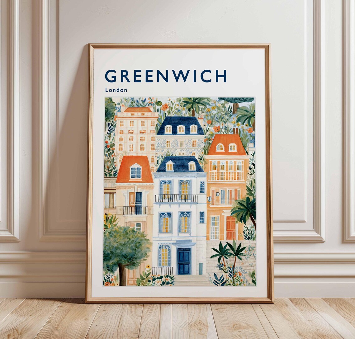 Greenwich London Pastel Townhouses Garden Blooms Illustration Poster