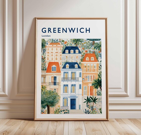 Greenwich London Pastel Townhouses Garden Blooms Illustration Poster