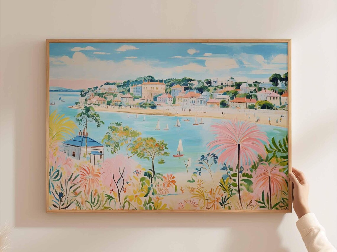 Pastel Hillside Coastal Town Overlooking A Bay Of Sailboats Poster