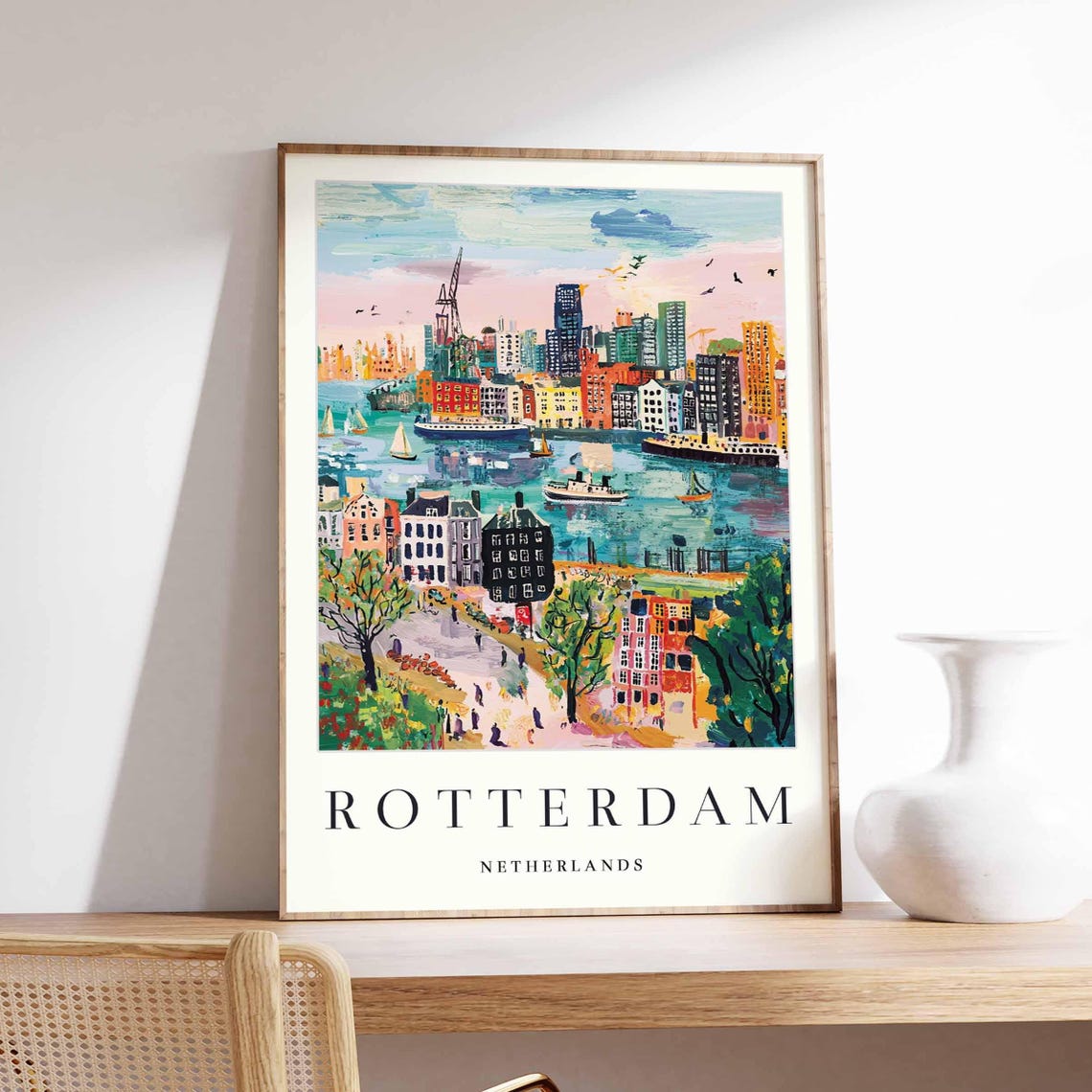 Rotterdam Netherlands Colorful Harbor Cityscape Travel Poster Art