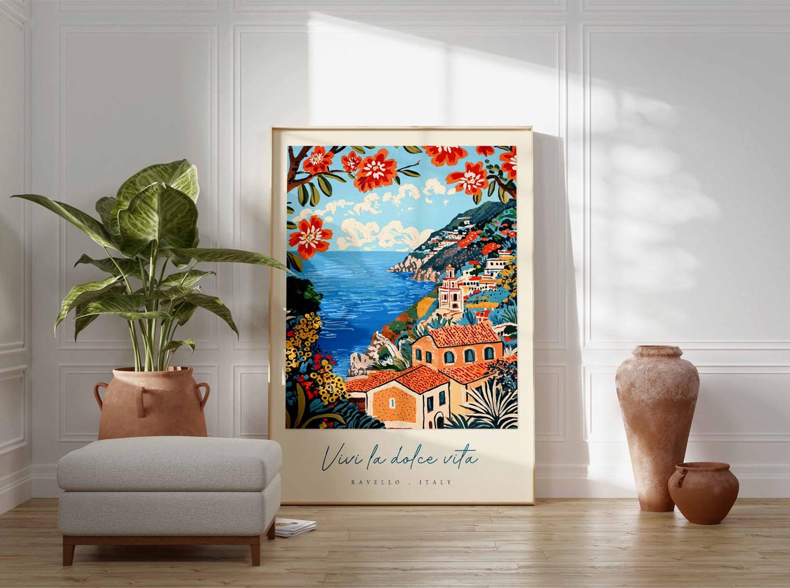 Ravello Italy Pop Art Red Bloom Border Coast Village Scene Poster - Image 3