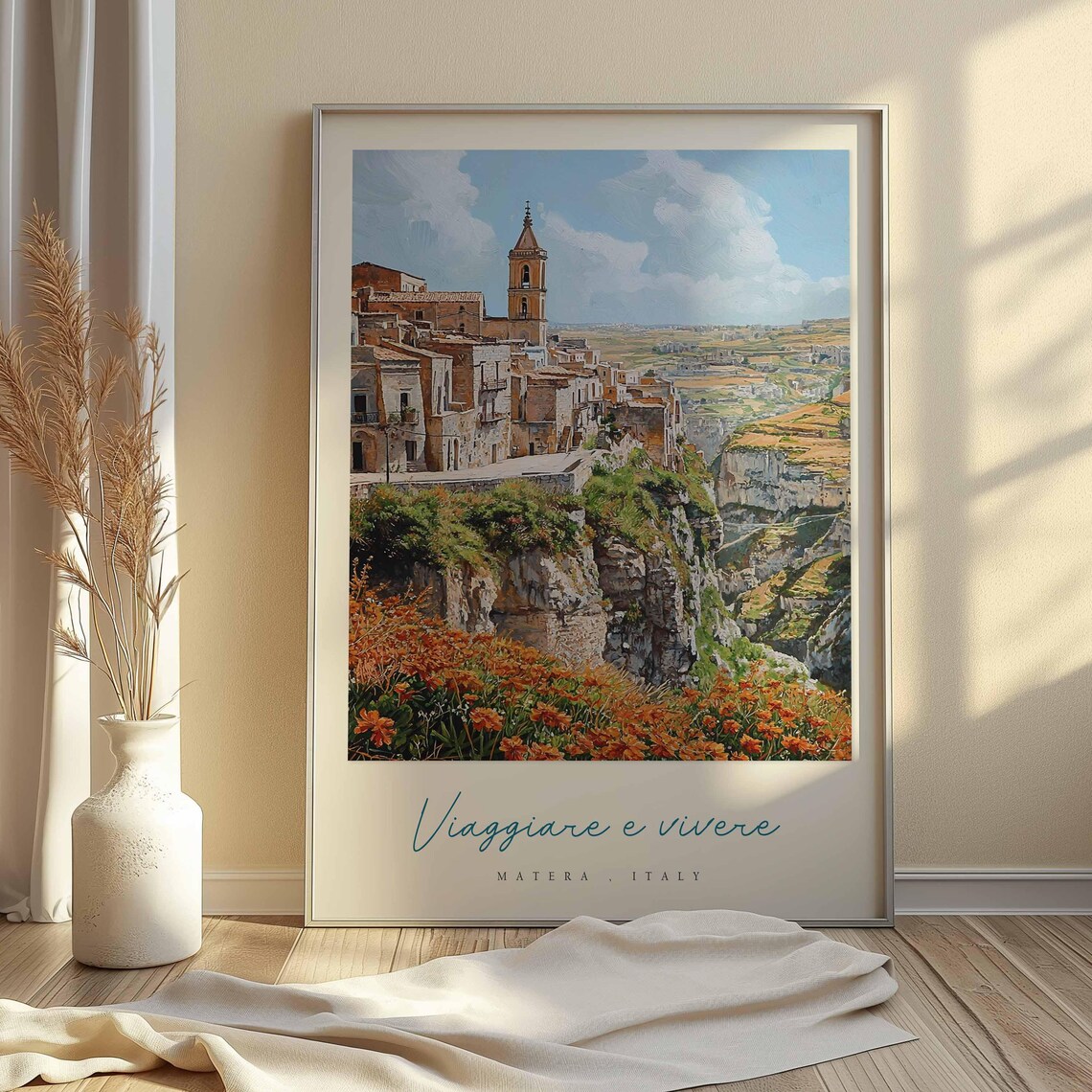 Matera Sassi Ravine Orange Wildflowers Painterly Italy Travel Poster - Image 2