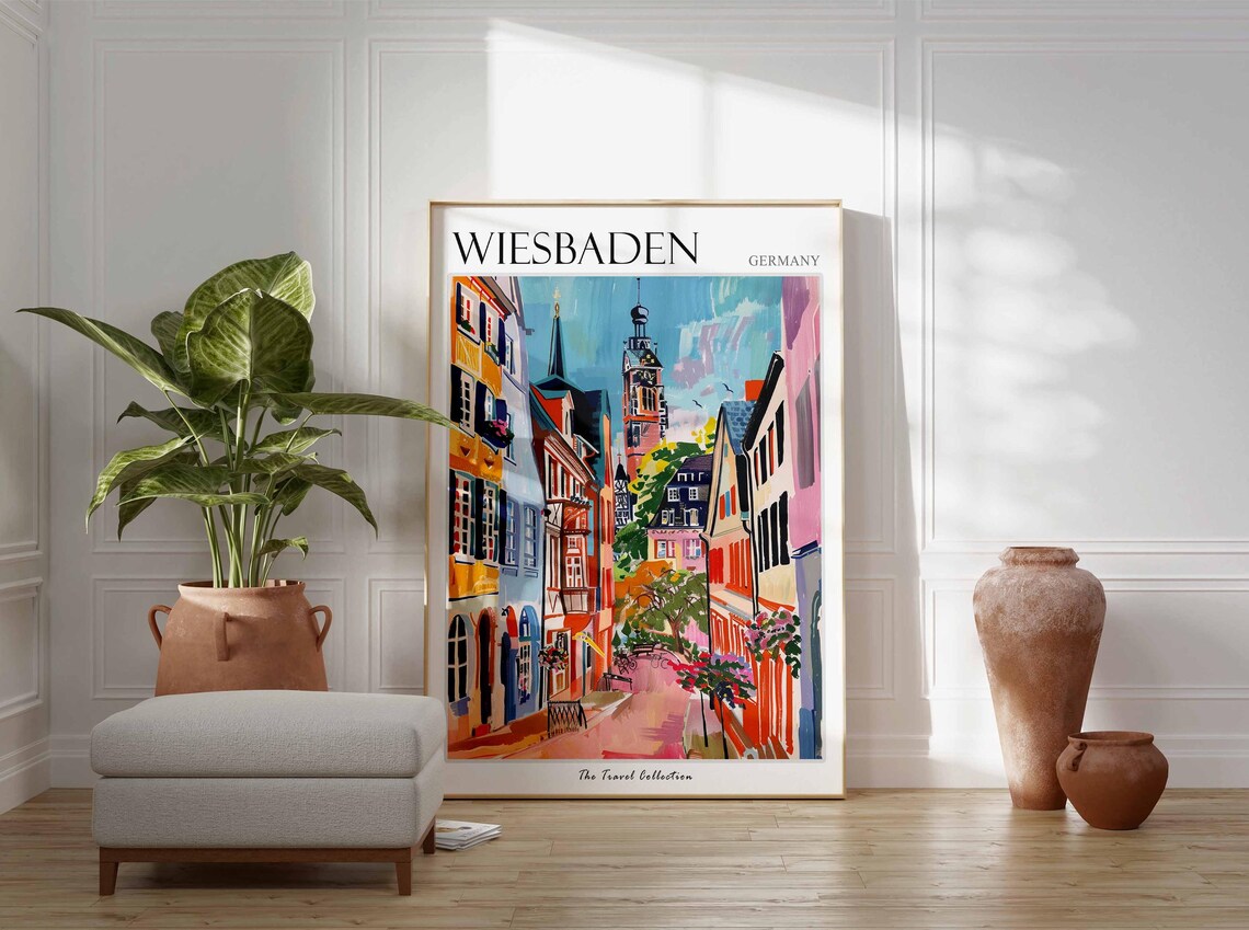 Wiesbaden Germany Colorful Old Town Street Clock Tower Travel Poster - Image 3