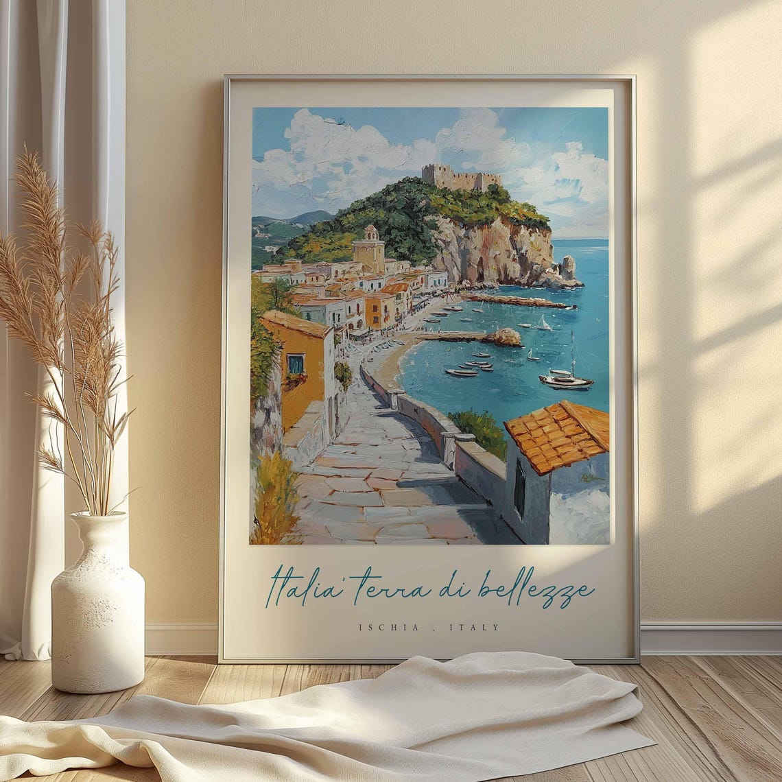 Ischia Italy Historic Castle Crowned Hill Harbor Boats Poster - Image 2