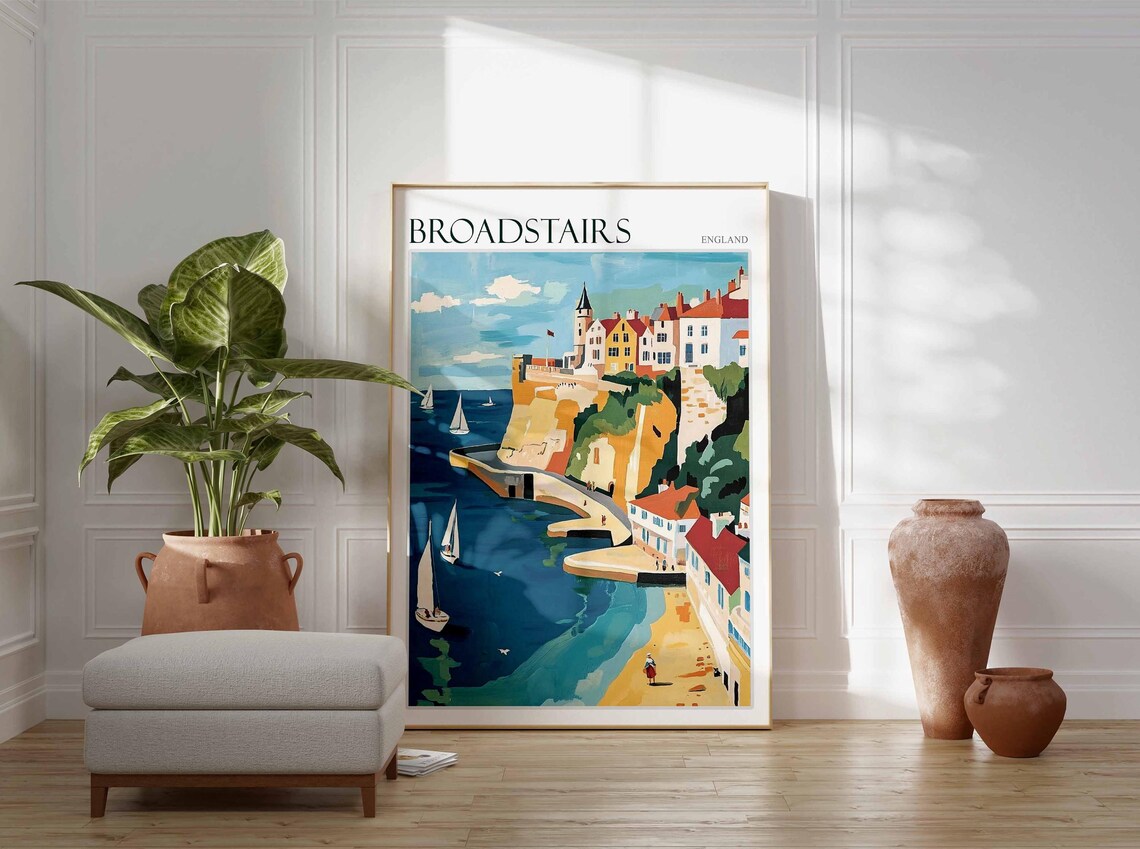 Broadstairs Kent Harbour Sailboats Clifftop Town Travel Illustration Poster - Image 3