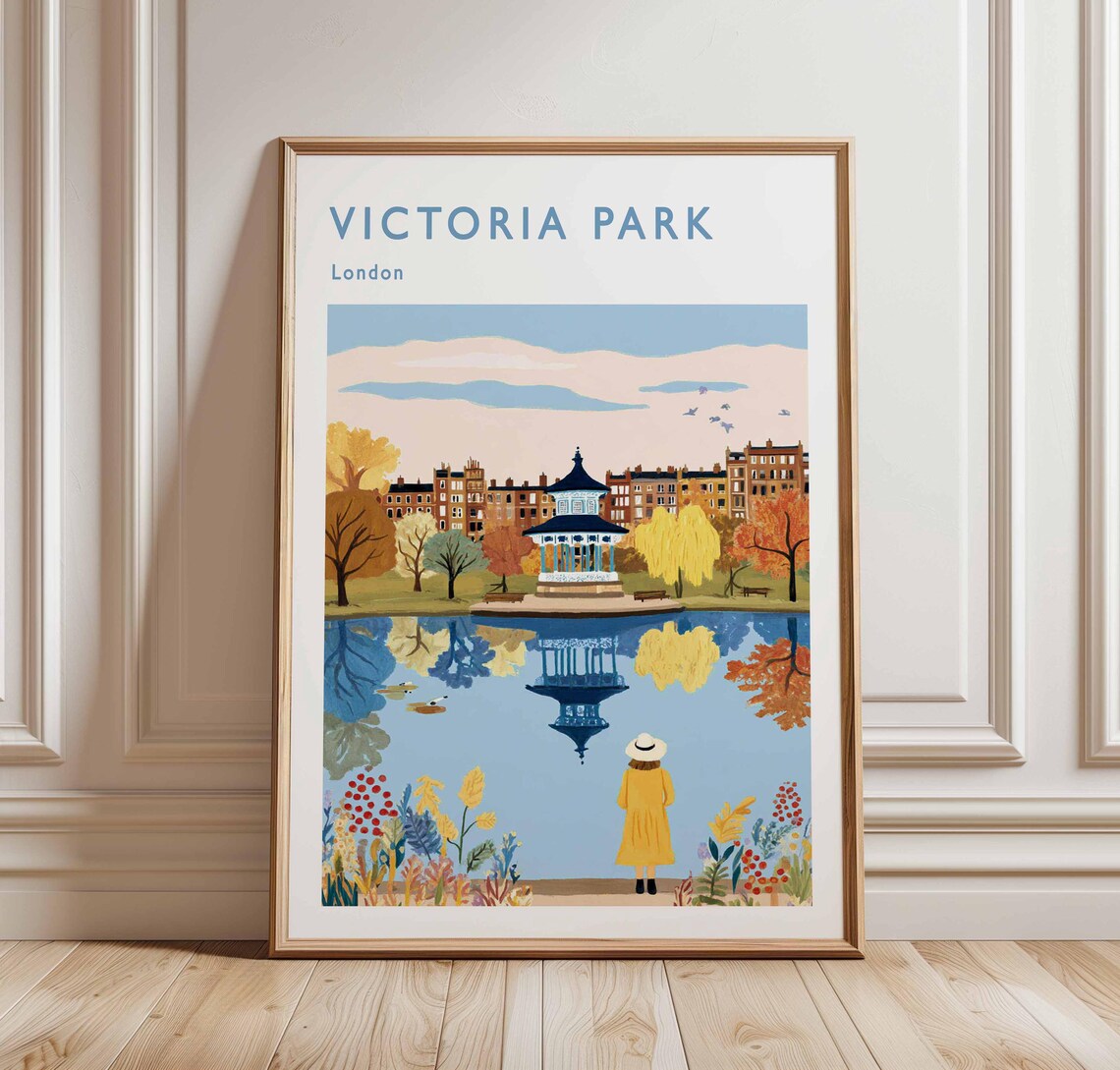 Victoria Park London Bandstand Lake Reflection Autumn Woman Art Poster