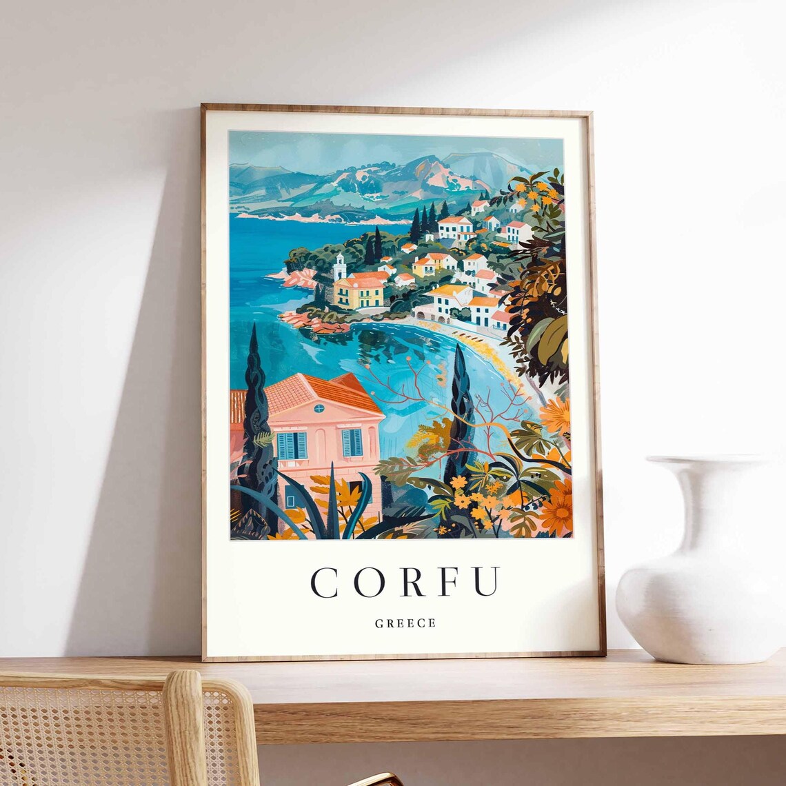 Corfu Greece Mediterranean Coastal Village Sea Travel Poster