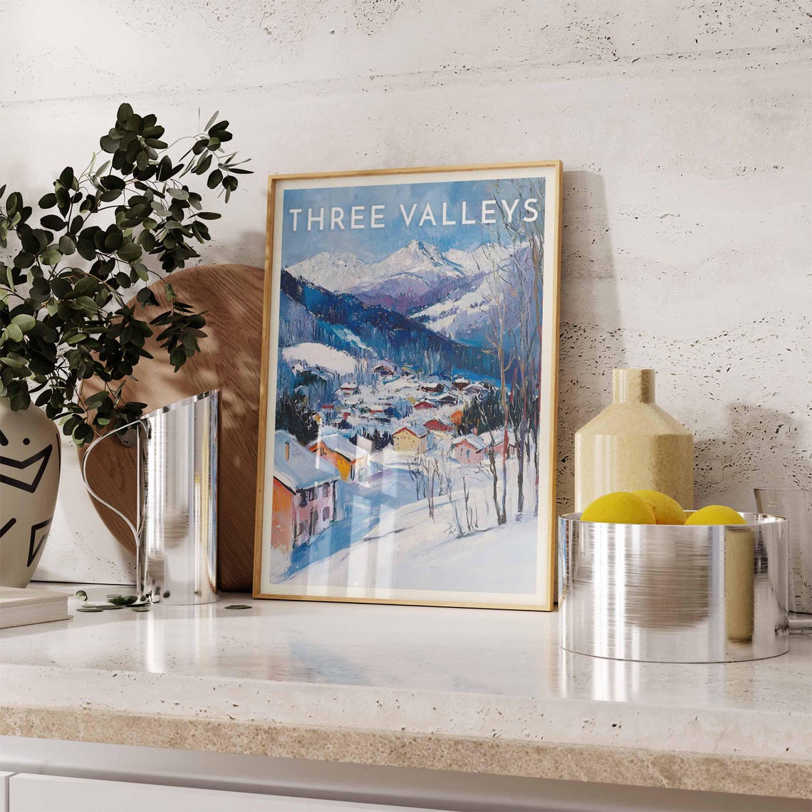 Three Valleys Blue Peaks Towering Above Alpine Ski Village Poster - Image 2