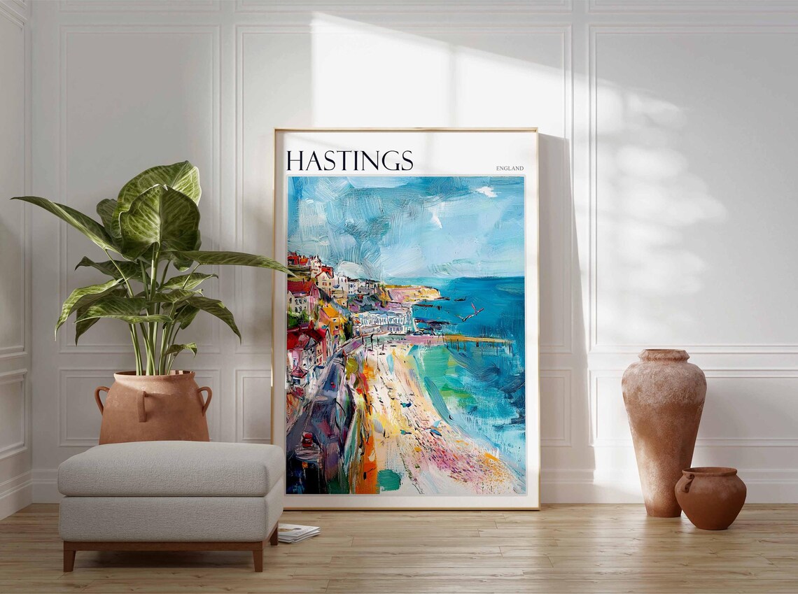 Hastings Impressionist Beach Pier Sunbathers Colorful Seaside Travel Poster - Image 3