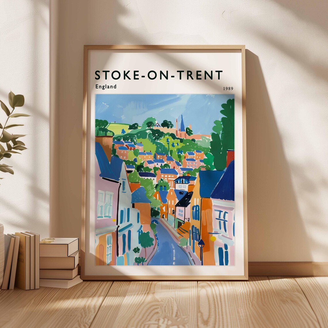 Stoke On Trent England 1989 Blue Street Church Spires Colorful Travel Poster