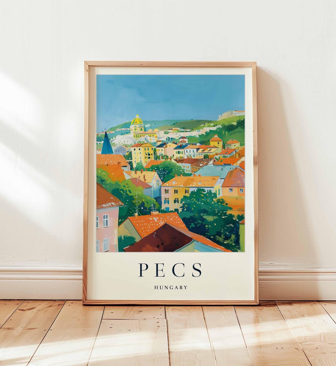 Pecs Hungary Old Town Rooftops Cathedral Dome Painterly Travel Poster