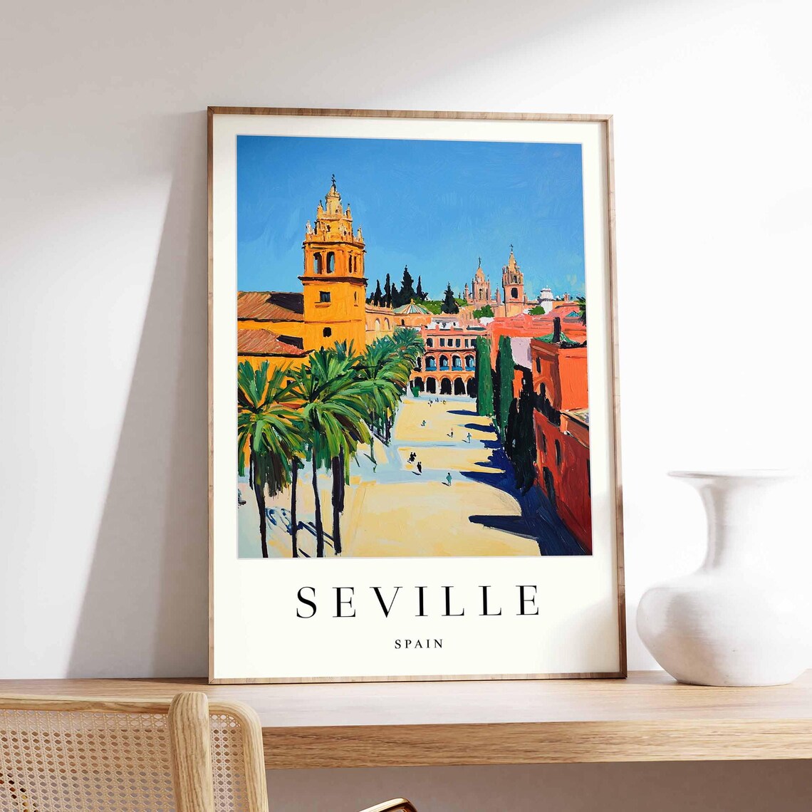 Seville Spain Palm Plaza Orange Buildings Tower Painted Poster
