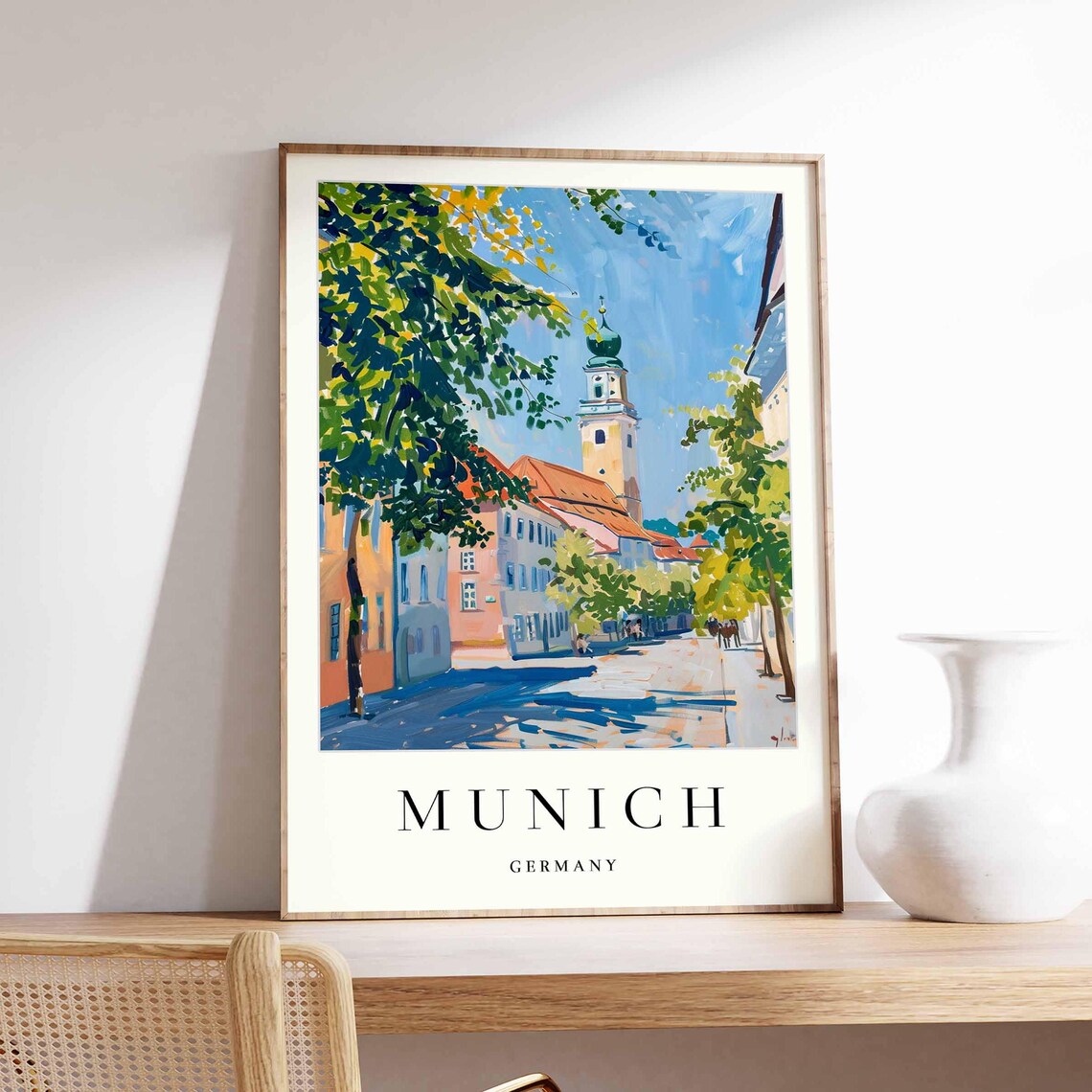 Munich Germany Historic Street Church Tower Painterly Poster