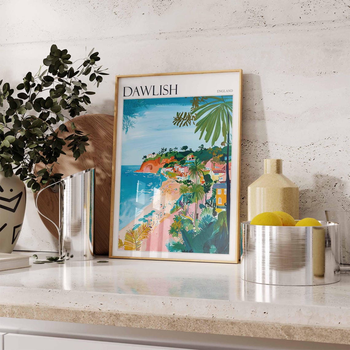 Dawlish England Palm Trees and Red Cliffs Beach Scene Poster - Image 2