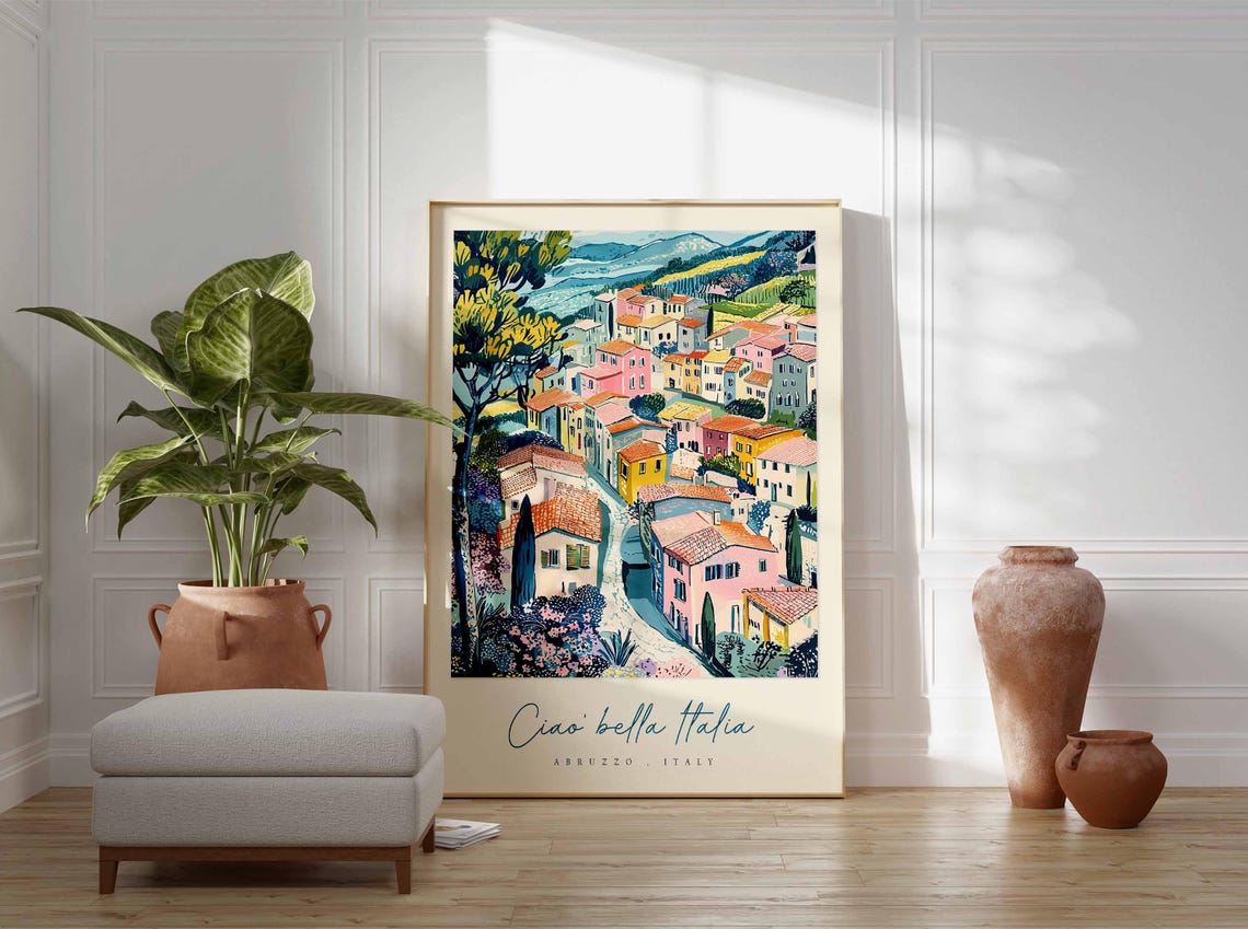Abruzzo Colorful Hill Village Terracotta Roofs Bright Sunny Poster - Image 3
