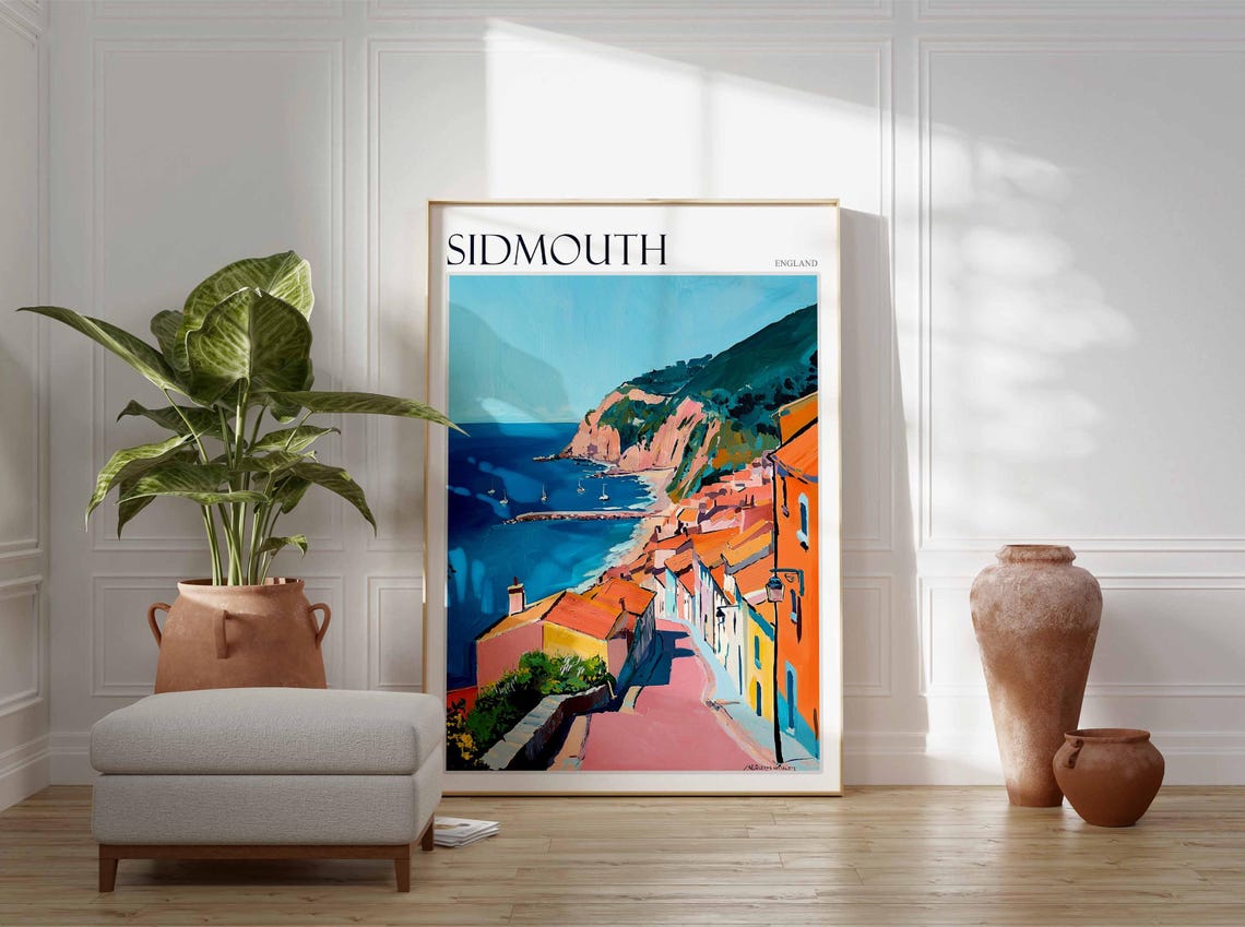 Sidmouth England Street to Harbor Sailboats Red Cliffs Bright Poster - Image 2