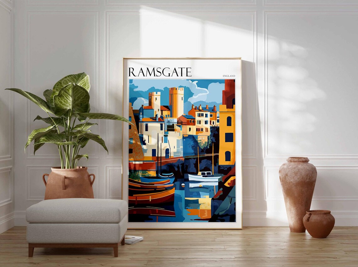 Ramsgate England Graphic Harbor Boats Golden Tower Artwork Poster - Image 4