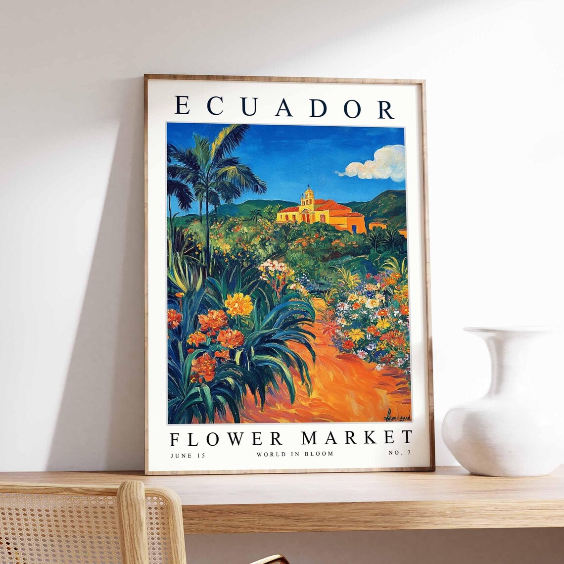 Ecuador Flower Market Hilltop Church Marigold Garden View Poster