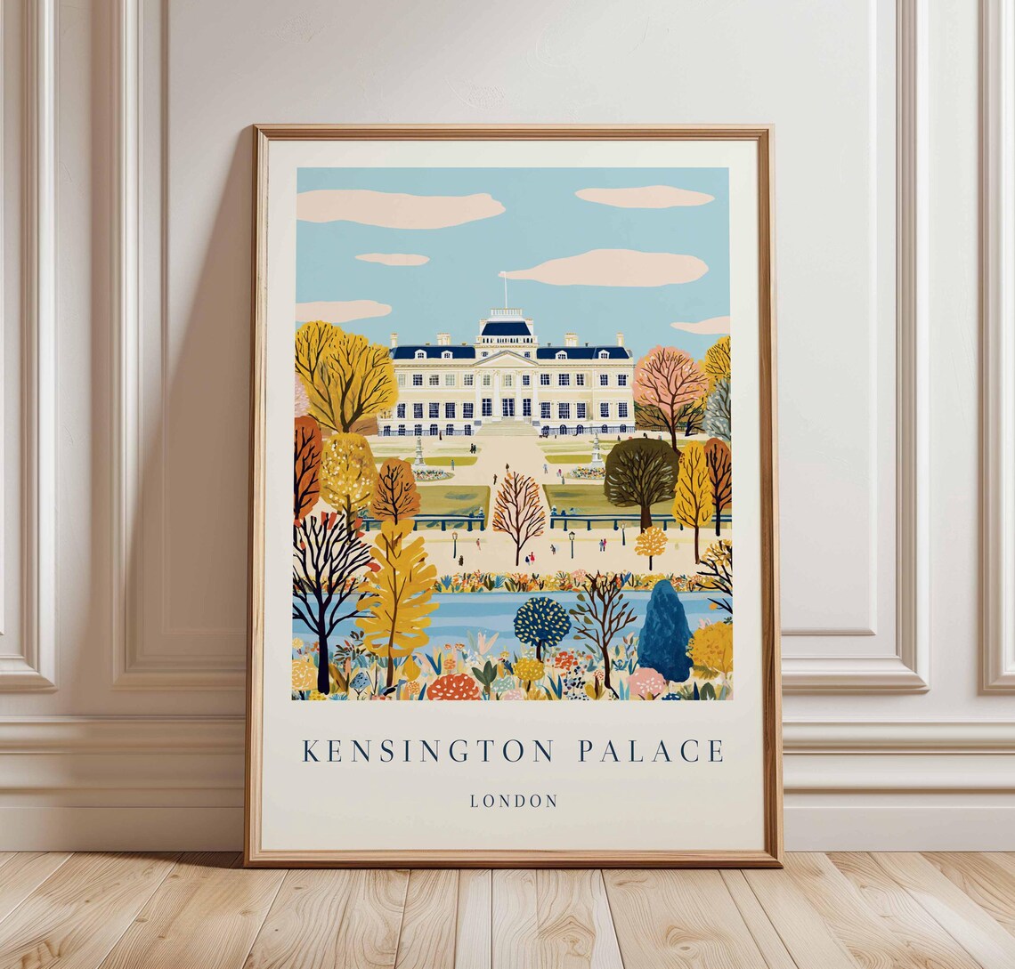 Kensington Palace London Autumn Lake Gardens Scenic Travel Art Poster