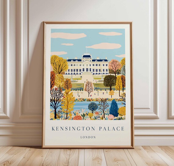 Kensington Palace London Autumn Lake Gardens Scenic Travel Art Poster