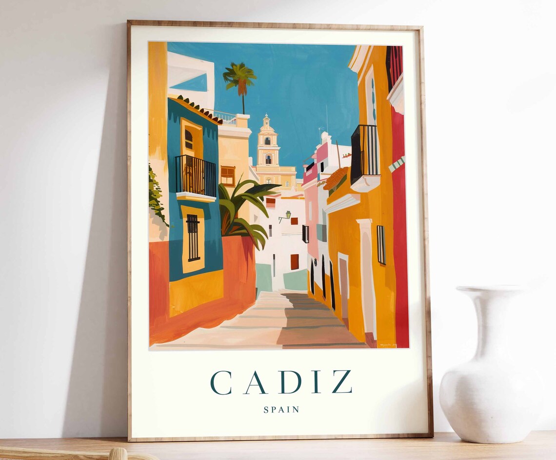 Cadiz Spain Colorful Street Church Tower Sunny Travel Poster