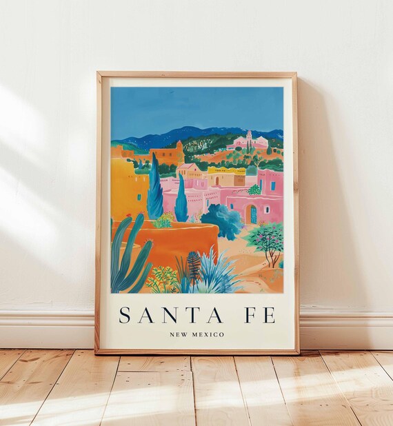 Santa Fe New Mexico Pink Adobe Town Travel Poster With Blue Cypress
