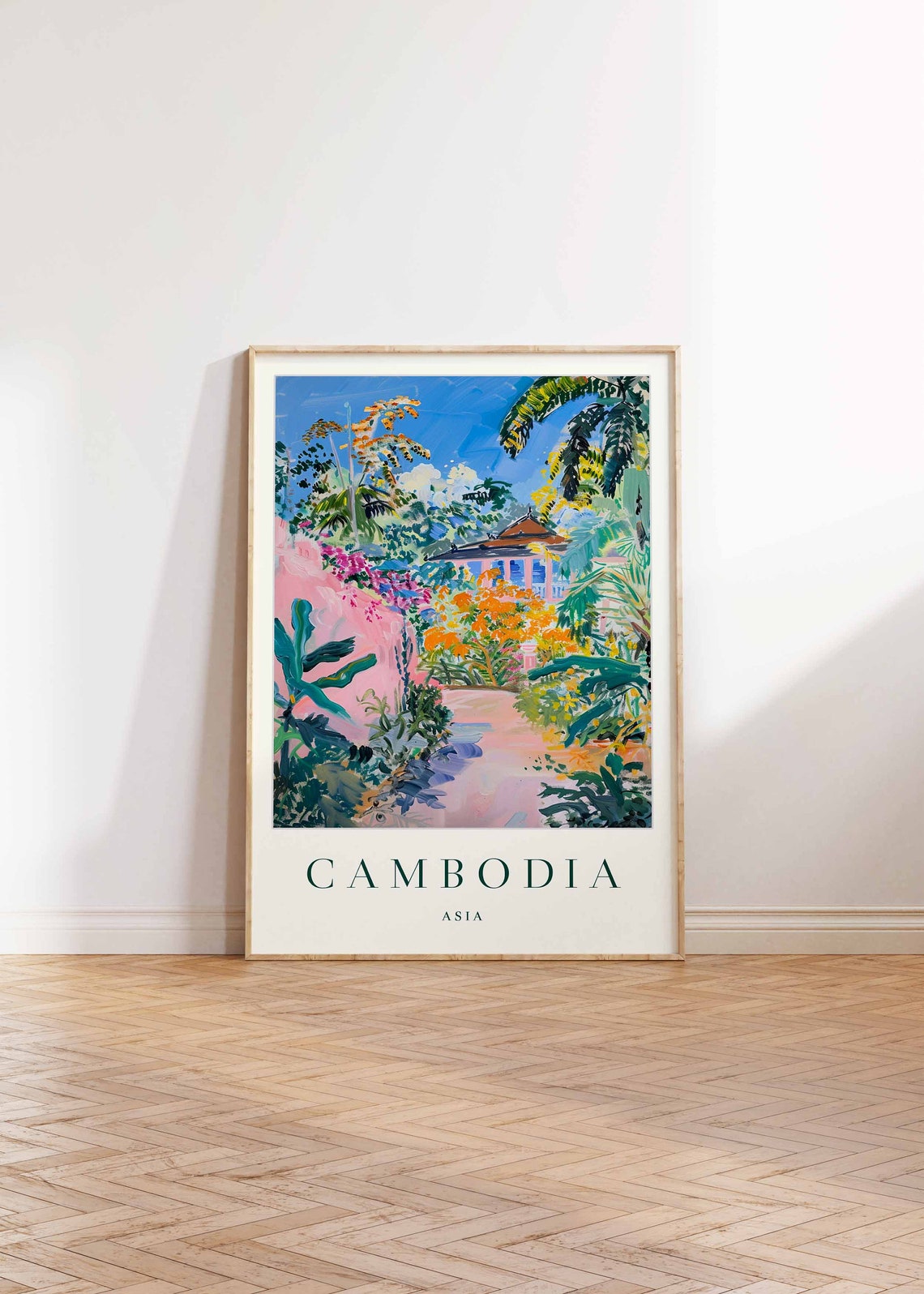Cambodia Asia Tropical Garden Temple Path Painted Travel Poster - Image 2